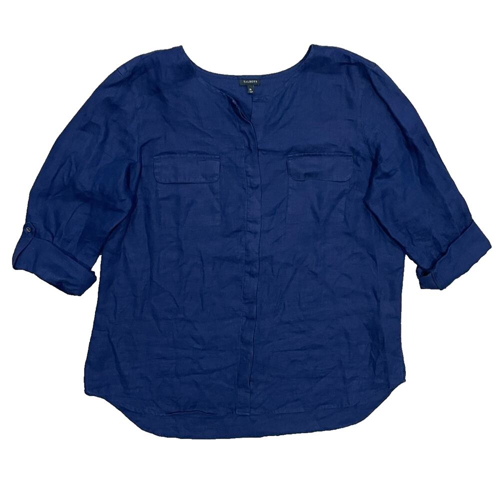 Talbots 100% Linen Top Size XL Navy Button Up Long Roll Tab Sleeve Pockets Shirt